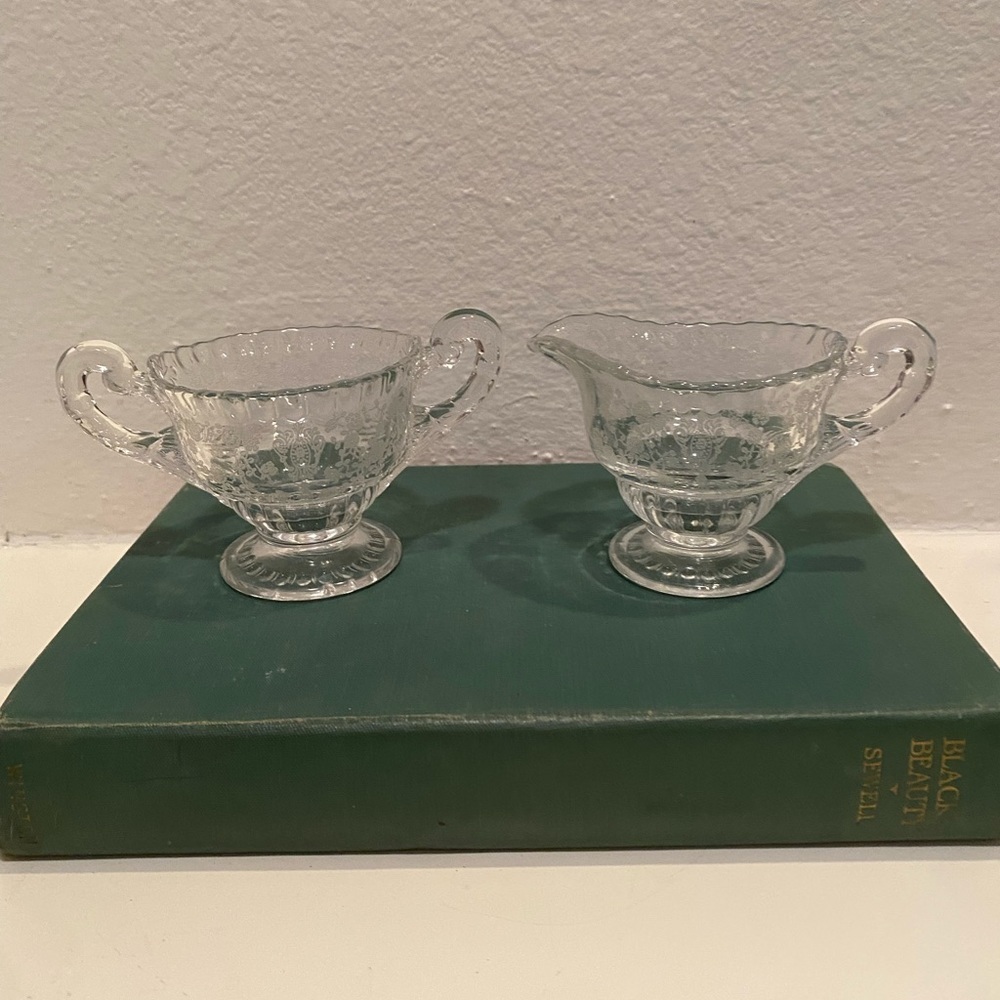 Gorgeous Vintage Cambridge Rose Etched Glass Open Creamer and Sugar Set